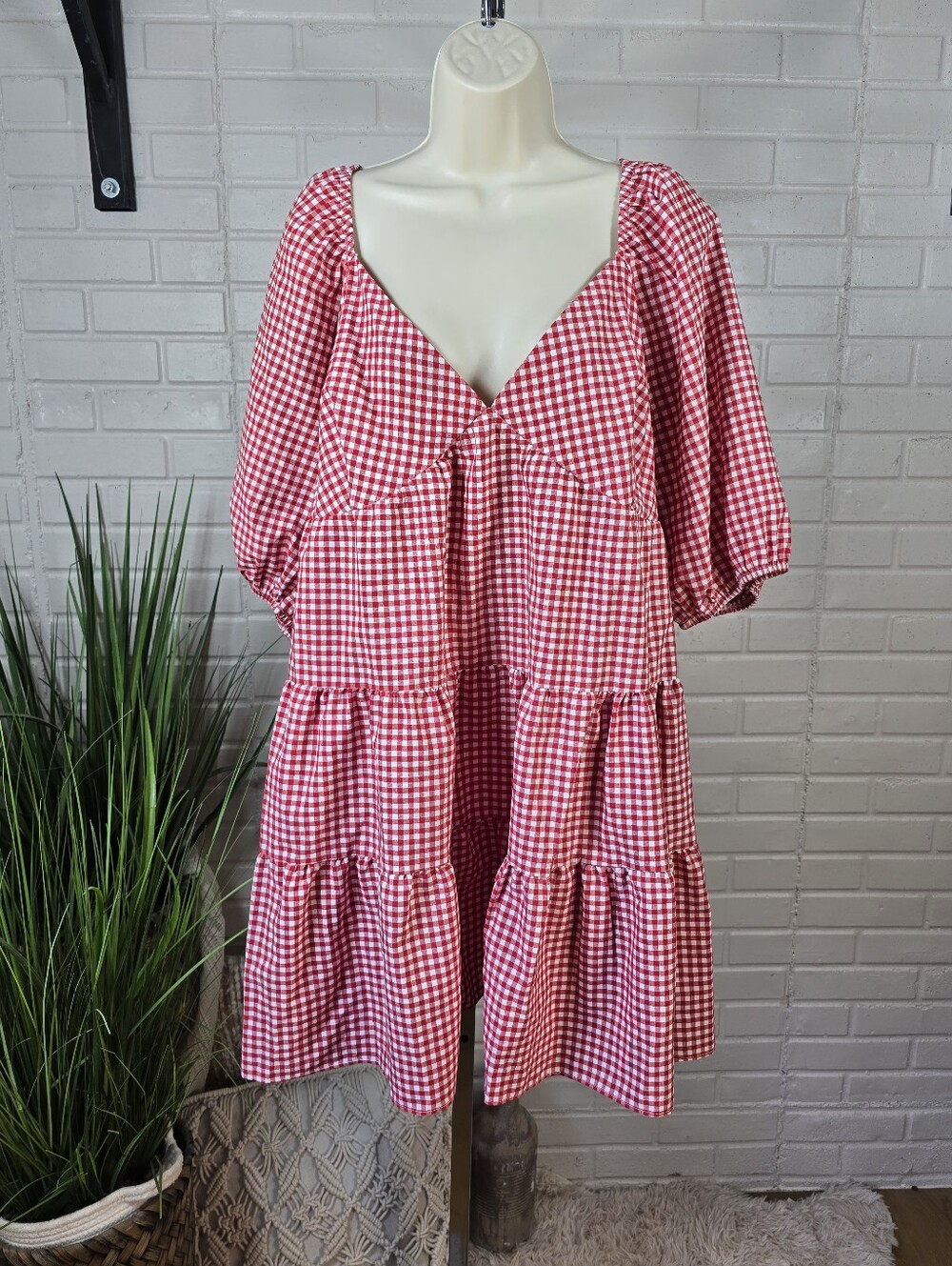 Asos Red And White Gingham Checkered V Neck Mini Babydoll Dress Size 14 Womens